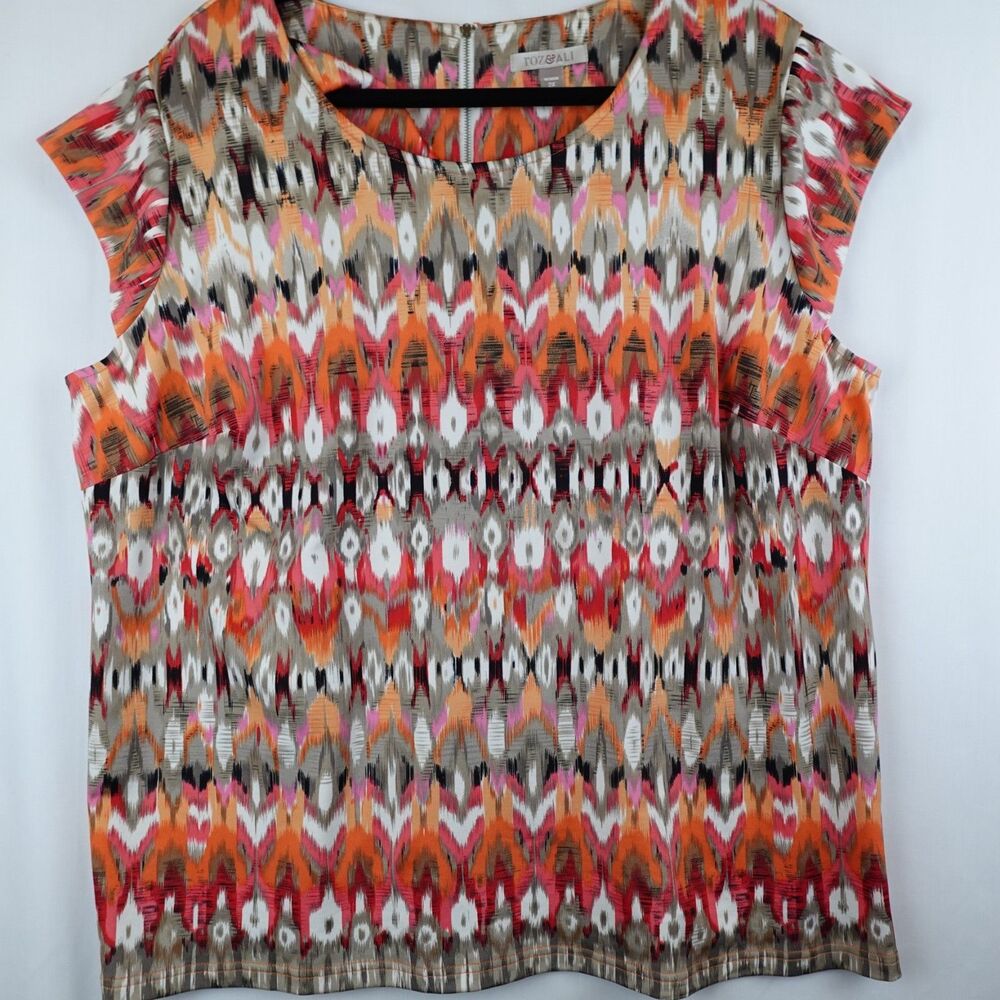 Roz & Ali Ikat Pattern Blouse Women's 2X Orange Pink Short Sleeve Fall Colorful